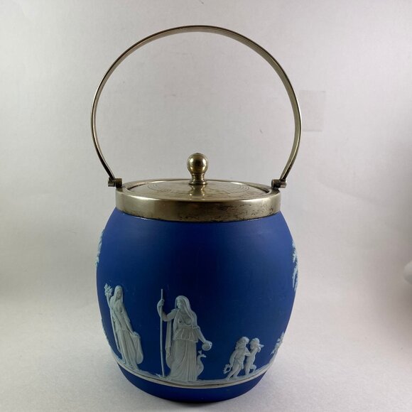Antique Wedgwood Blue Jasperware Biscuit Barrel with silver lid - Picture 1 of 11